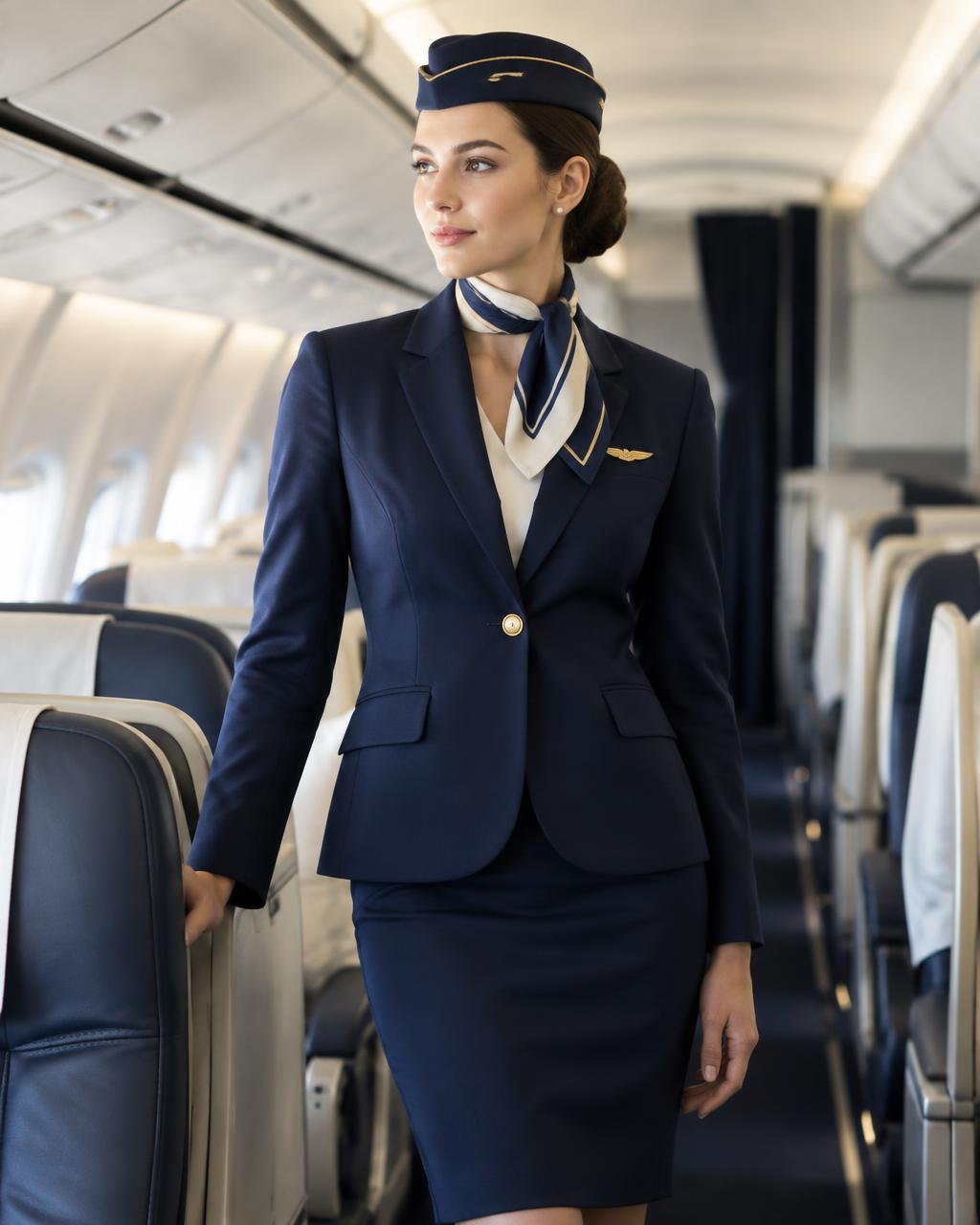 Flight attendant in a tailored Innovtex cabin crew uniform with silk scarf