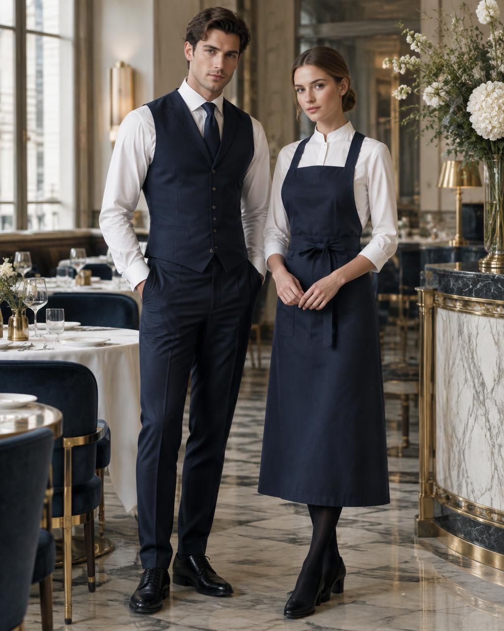Waiter and hostess in tailored Innovtex restaurant uniforms
